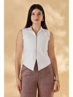 Maba India - White Collared Cotton Zipper Sleeveless Vest