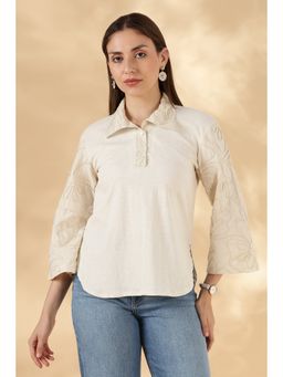 Maba India - Khadi Style Cream Hand Embroidered Cotton Top