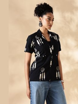 Maba India - Black Hand Block Print Oversized Cuban Shirt