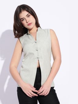 Maba India - Mandarin Neck Cotton Linen Light Green Sleeveless Top