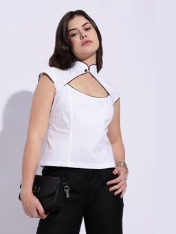 Maba India - High Neck Fitted Cotton White Top