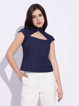 Maba India - High Neck Fitted Cotton Linen Blue Top