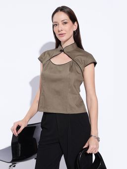 Maba India - Olive Taupe Crossover High Neck Top