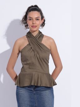 Maba India - Olive Halter Scarf Khadi Cotton Top