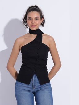 Maba India - Black Scarf Neck Linen Tailored Top
