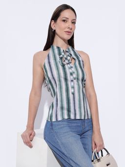 Maba India - Green Stripe Tie-Dye Halter Keyhole Top