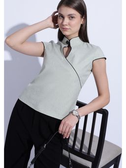 Maba India - Green Pista Cotton Linen High Neck Top