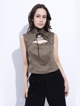 Maba India - Olive Tie Detail Structured Sleeveless Top