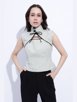 Maba India - Green Pista Tie Detail Structured Sleeveless Top