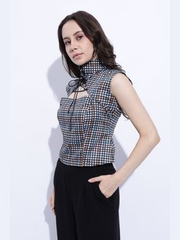 Maba India - Black Checks Tie Detail Structured Sleeveless Top