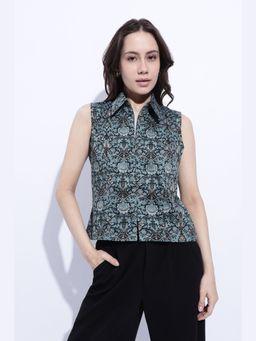 Maba India - Green Jade Printed Sleeveless Shirt Collar Top