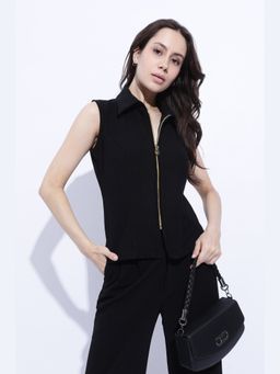 Maba India - Black Noir Sleeveless Zip Front Collar Top