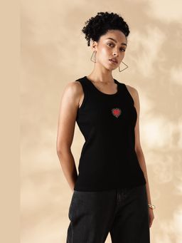 Maba India - Black Heart Hand Embroidered Cotton Tank Top