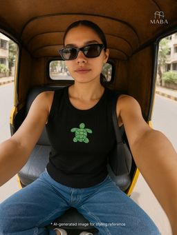 Maba India - Black Turtle Hand Embroidered Cotton Tank Top