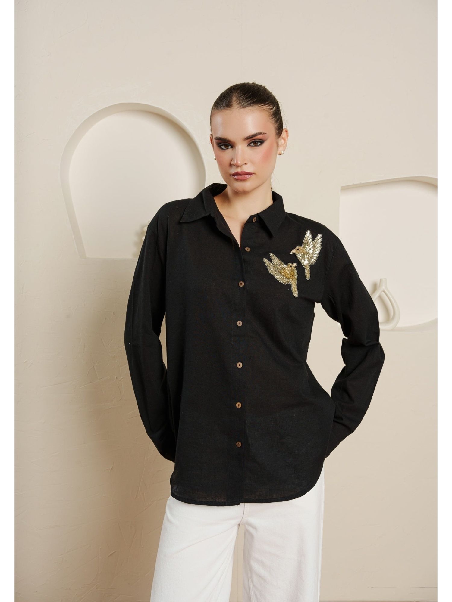 Black Twin Bird Embellished Patch Shirt-picture-16