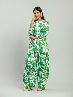 Baaori - Womens Green Pure Cotton Floral Print Straight Kurta Farshi Salwar Set