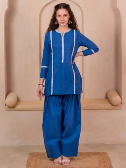 Baaori - Womens Blue Pure Cotton Solid Straight Kurta Farshi Salwar Set