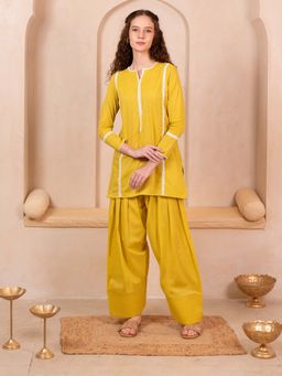 Baaori - Womens Yellow Pure Cotton Solid Straight Kurta Farshi Salwar Set