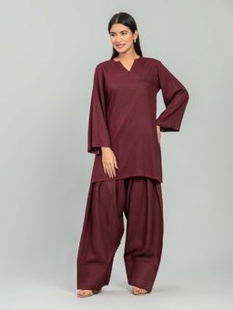 Baaori - Womens Burgundy Rayon Solid Straight Kurta Farshi Salwar Set
