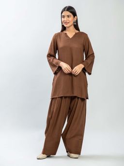 Baaori - Womens Brown Rayon Solid Straight Kurta Farshi Salwar Set