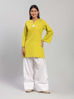Baaori - Womens Lime Green Pure Cotton Solid Straight Kurta Farshi Salwar Set