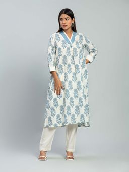 Baaori - Womens White Pure Cotton Handblock A Line Kurta Pant Set