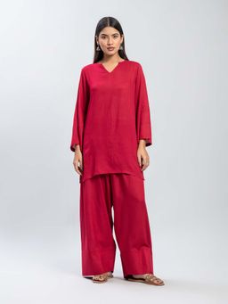 Baaori - Womens Red Rayon Solid Straight Kurta Farshi Salwar Set