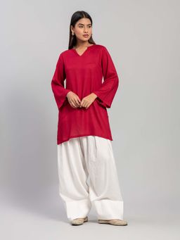 Baaori - Womens Red Rayon Solid Straight Kurta Farshi Salwar Set