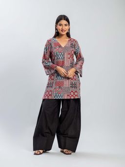 Baaori - Womens Red Pure Cotton Ajrakh Straight Kurta Farshi Salwar Set