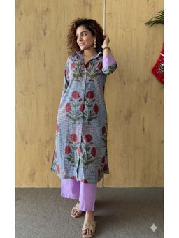 Baaori - Womens Multi Color Pure Cotton Gingham Print Straight Kurta Pant Set