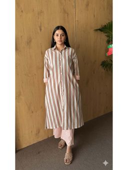 Baaori - Womens Beige Pure Cotton Stripe with Gingham Print Straight Kurta Pant Set