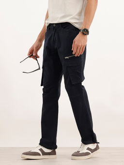 WROGN - Solid Straight Fit Cargo Pant - Navy Blue