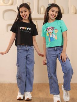SHORGUL - Girls Pure Cotton Printed Regular Loose Fit Multi-Colour T-Shirt (Pack Of 2)
