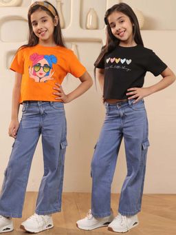 SHORGUL - Girls Pure Cotton Printed Regular Loose Fit Multi-Colour T-Shirt (Pack Of 2)
