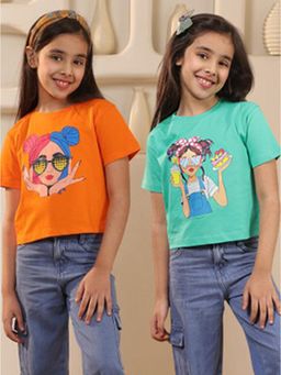 SHORGUL - Girls Pure Cotton Printed Regular Loose Fit Multi-Colour T-Shirt (Pack Of 2)