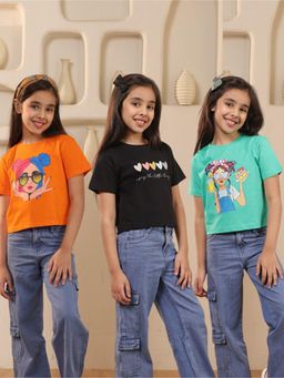 SHORGUL - Girls Pure Cotton Printed Regular Loose Fit Multi-Colour T-Shirt (Pack Of 3)