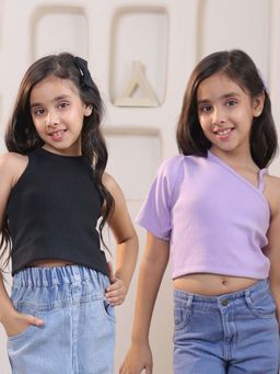 SHORGUL - Girls Pure Cotton Solid Ribbed T-Shirt (Pack Of 2)