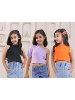 SHORGUL - Girls Pure Cotton Solid Ribbed T-Shirt (Pack Of 3)