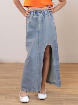 SHORGUL - Girls Solid Front Slit Maxi Denim Skirt