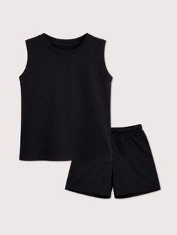 BLUSHES - 100% Cotton Knit Half Sleeves Solid Co-Ord Set - Black
