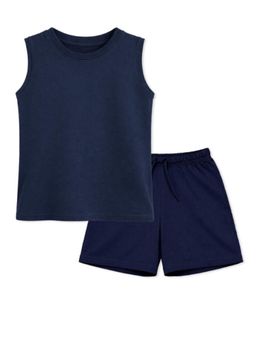 BLUSHES - 100% Cotton Knit Half Sleeves Solid Co-Ord Set - Navy Blue
