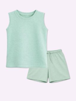 BLUSHES - 100% Cotton Knit Half Sleeves Solid Co-Ord Set - Mint Green