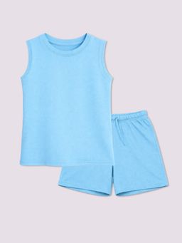 BLUSHES - 100% Cotton Knit Half Sleeves Solid Co-Ord Set - Aqua Blue