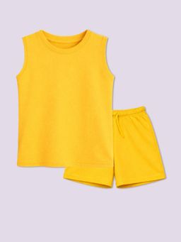 BLUSHES - 100% Cotton Knit Half Sleeves Solid Co-Ord Set - Yellow