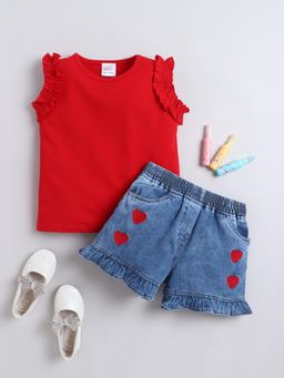 Bright Star Kids Wear - Girls Red Cotton Top & Shorts