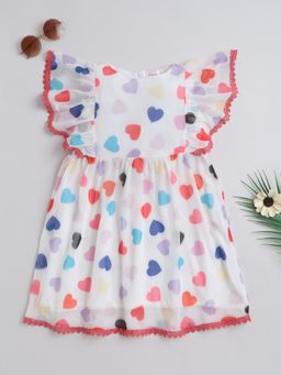 Bright Star Kids Wear - Girls Knitted Net Heart Printed Knee Length Dress