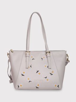 Caprese - Kyle Embroidered Floral Light Grey Faux Leather Medium Satchel Handbag
