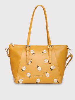 Caprese - Kyle Embroidered Floral Ochre Faux Leather Medium Tote Handbag