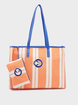 Caprese - Dixie Striped Orange Cotton Canvas Medium Tote Handbag with Pouch (Set of 2)