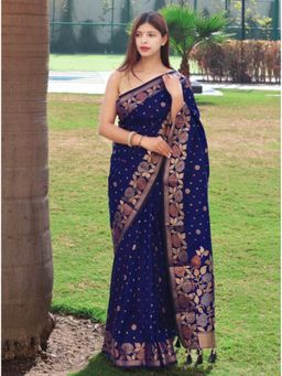 EXCLUSIVA - Navy Blue Woven Banarasi Saree with Unstitched Blouse